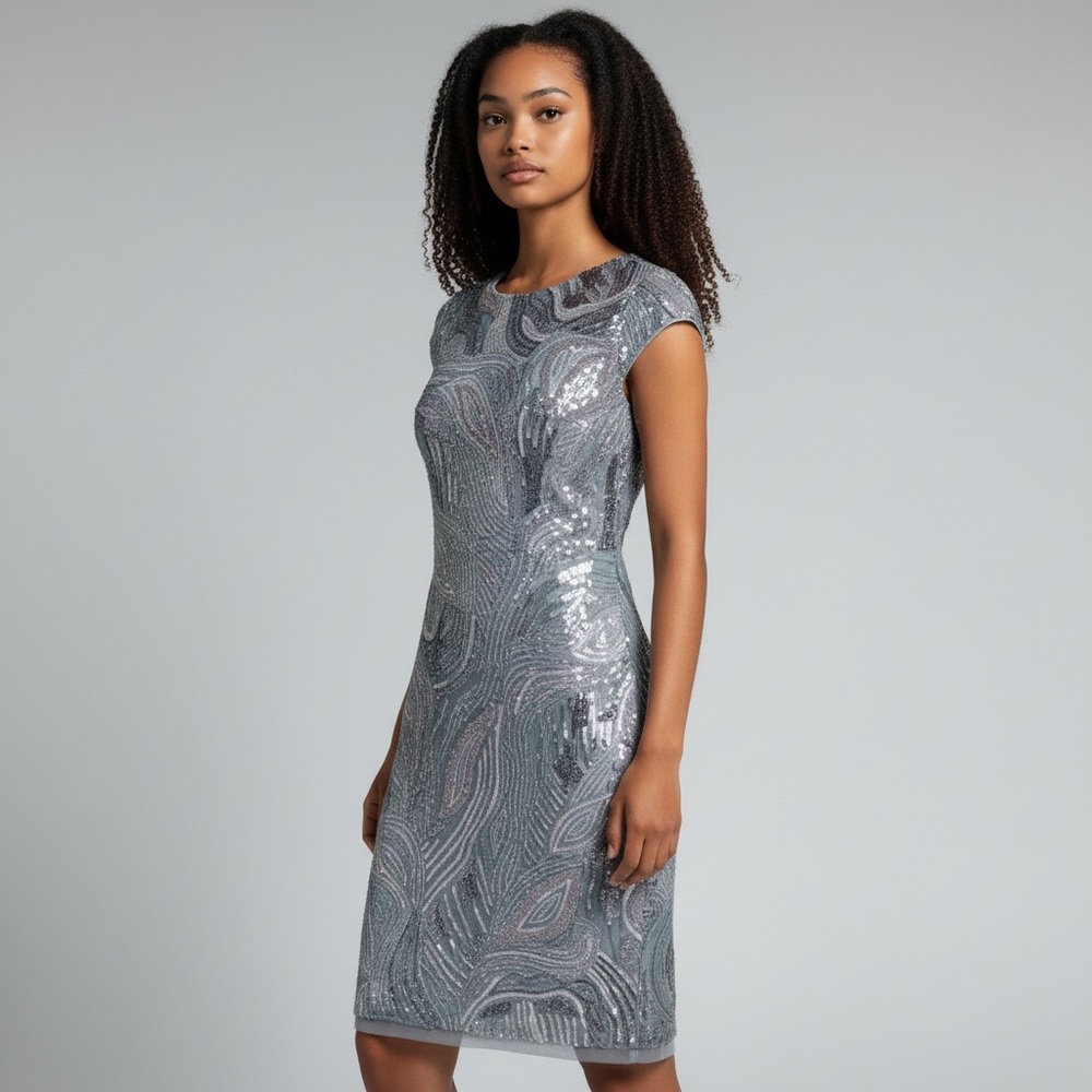Sequin beaded holiday dress silver grey 6 NWOT
sequins glam